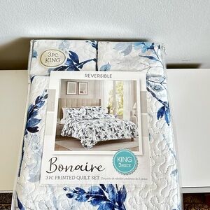 3-Piece King Printed Quilt Set - Blue and White